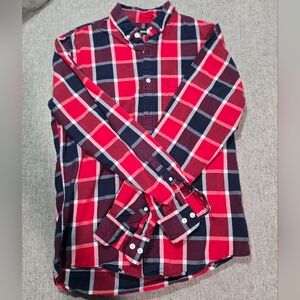 Used Express Red & Navy Plaid Button-Down Shirt (Size S)